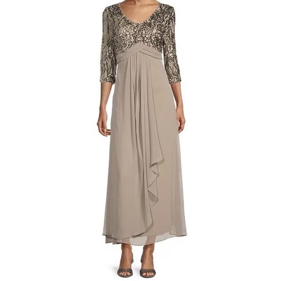 Alex Evenings Dresses & Skirts - Alex Evening NWT Sequin Neck Empire Waist Cascade Skirt Gown Beige Size 8